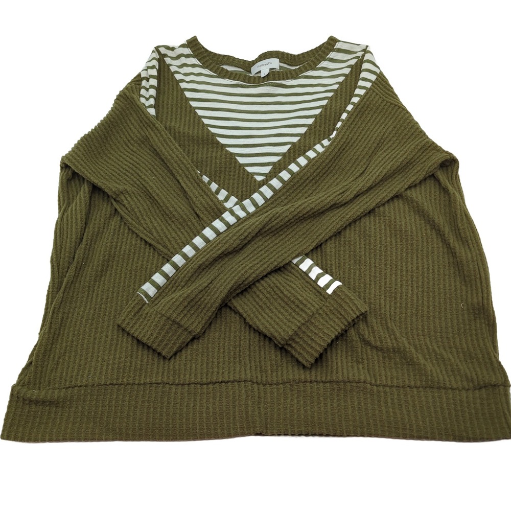 Hailey & Co Olive Green Waffle Knit Striped Contrast Long Sleeve Top Large